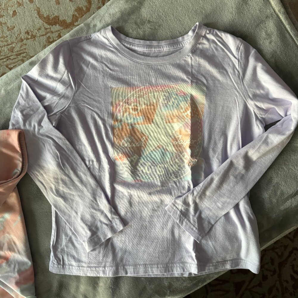 Converse High Rise Printed Legging Aqua Mist w/ Long Sleeve Lilac Logo Tee Sz XL - Picture 5 of 14